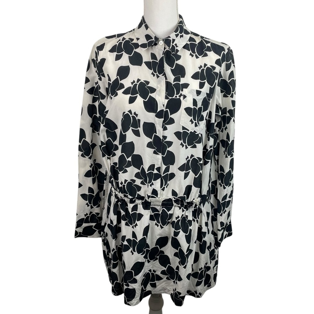 Thakoon Addition | White Black Floral Ruffle Long Sleeve Shift Dress